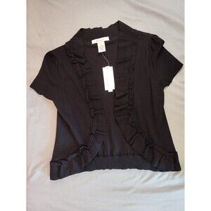 Women's Grace Short Sleeve Ruffle Open Cardigan Sweater Black Small